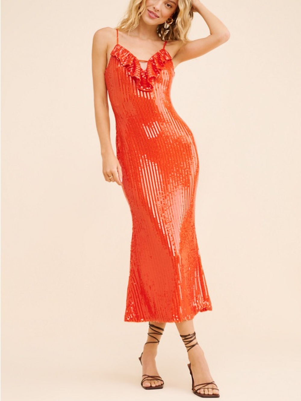 If By Sea anthropologie Orange Red Sequin Ruffle Maxi Dress Small 57170